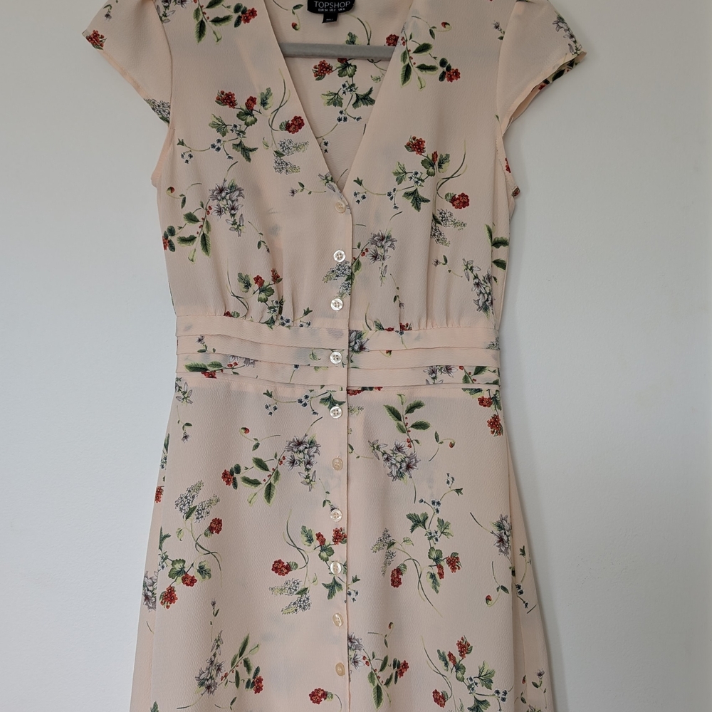 Topshop Pink Red V-Neck Flutter Sleeve Midi Dress